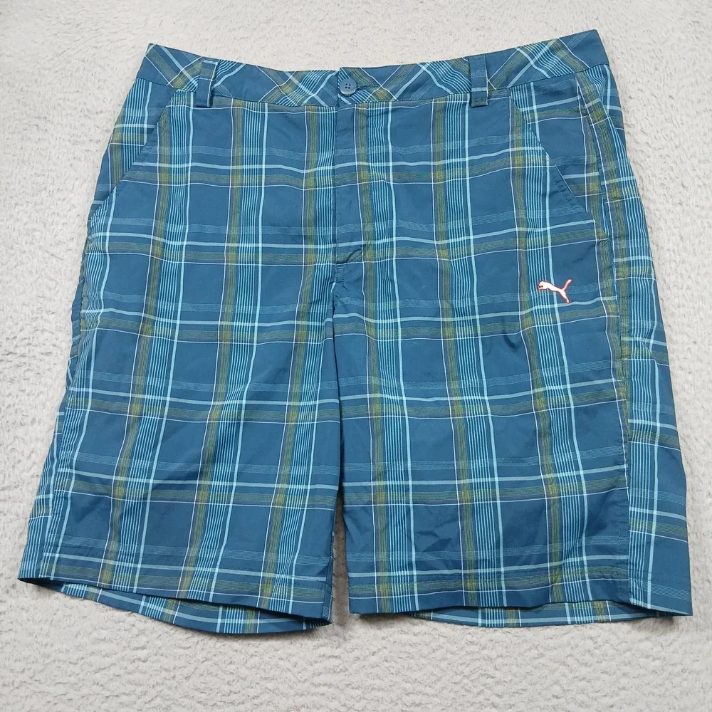 Puma Golf Shorts Men's 36 Blue‎ Plaid Performance Flat Front Casual